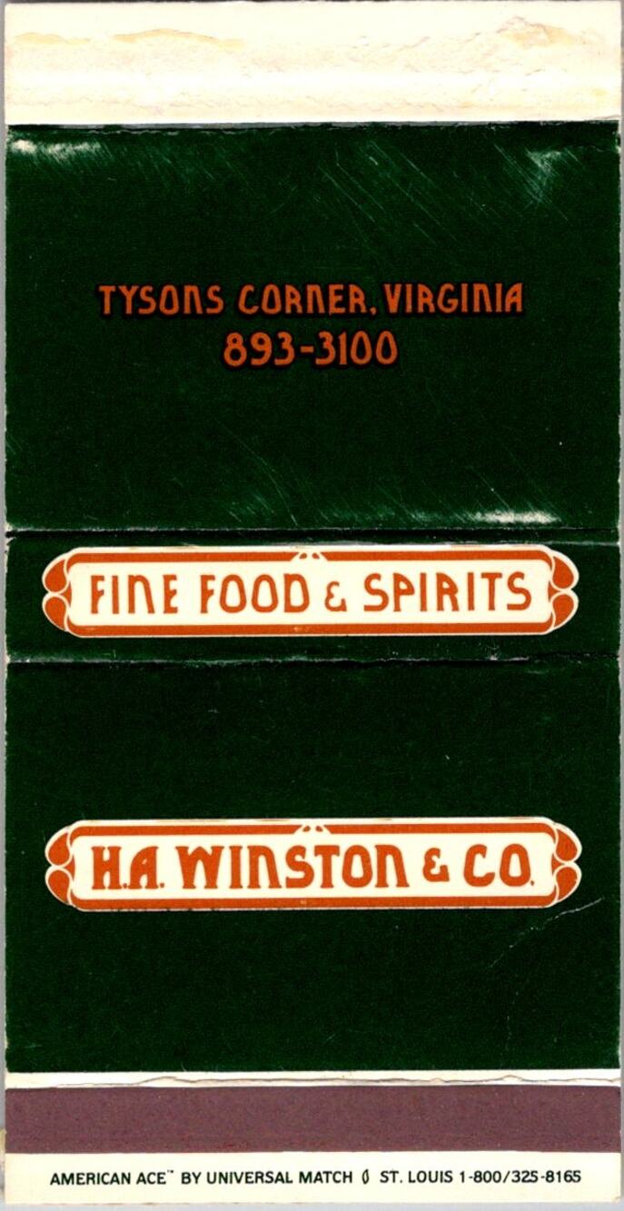 H. A. Winston & Co. Fine Food & Spirits VA Vintage Matchbook Matchbox SMM21-3